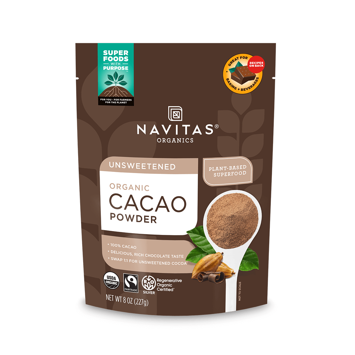 Navitas Organics 8oz Regenerative Organics Certified Cacao Powder front of bag