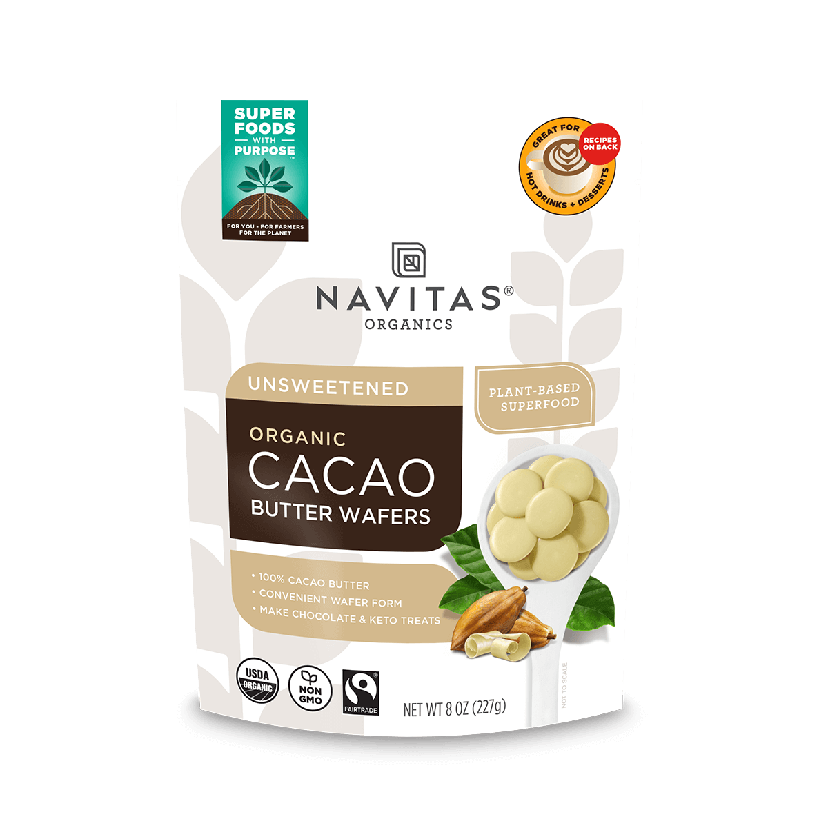 Navitas Organics Unsweetened Organic Cacao Butter Wafers 8oz. front of bag