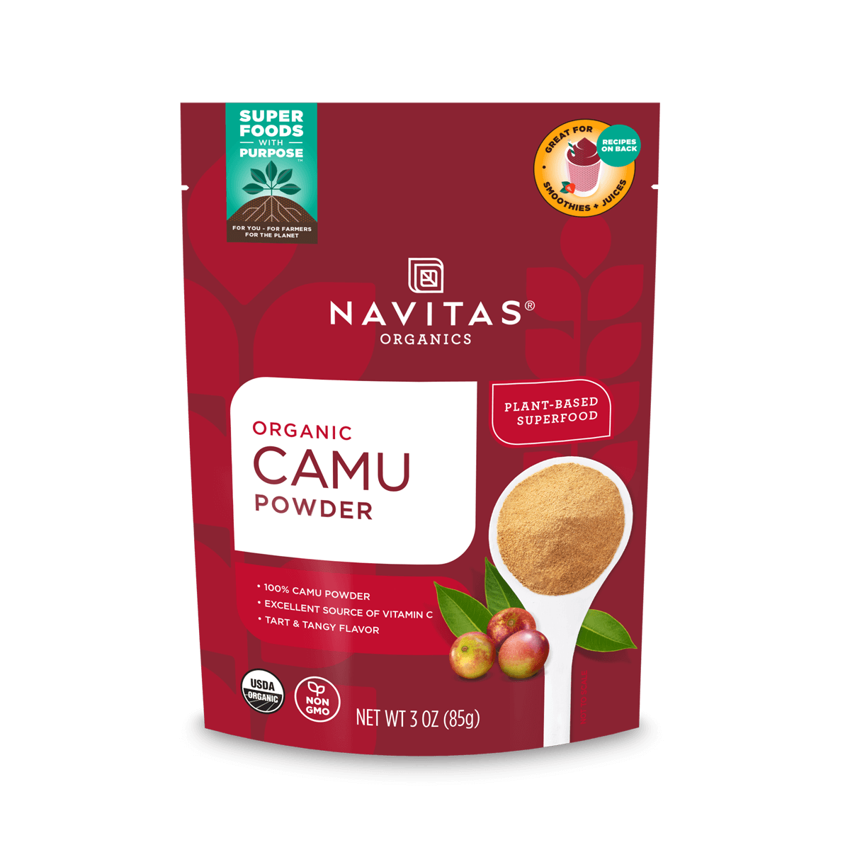 Navitas Organics 3 ounce Camu Powder front of bag.