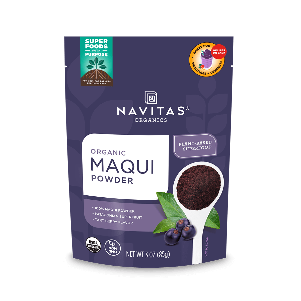 Navitas Organics Maqui Powder 3oz front of bag.