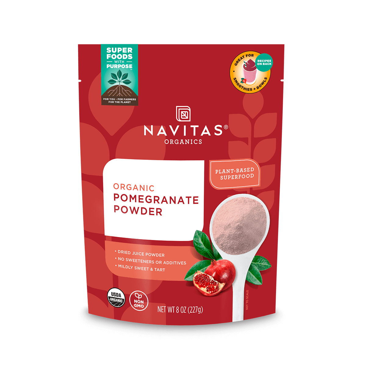 Package of Navitas Organics 8oz Pomegranate Powder featuring the product's branding, nutritional claims, and an illustration of pomegranates and a scoop of the powder.