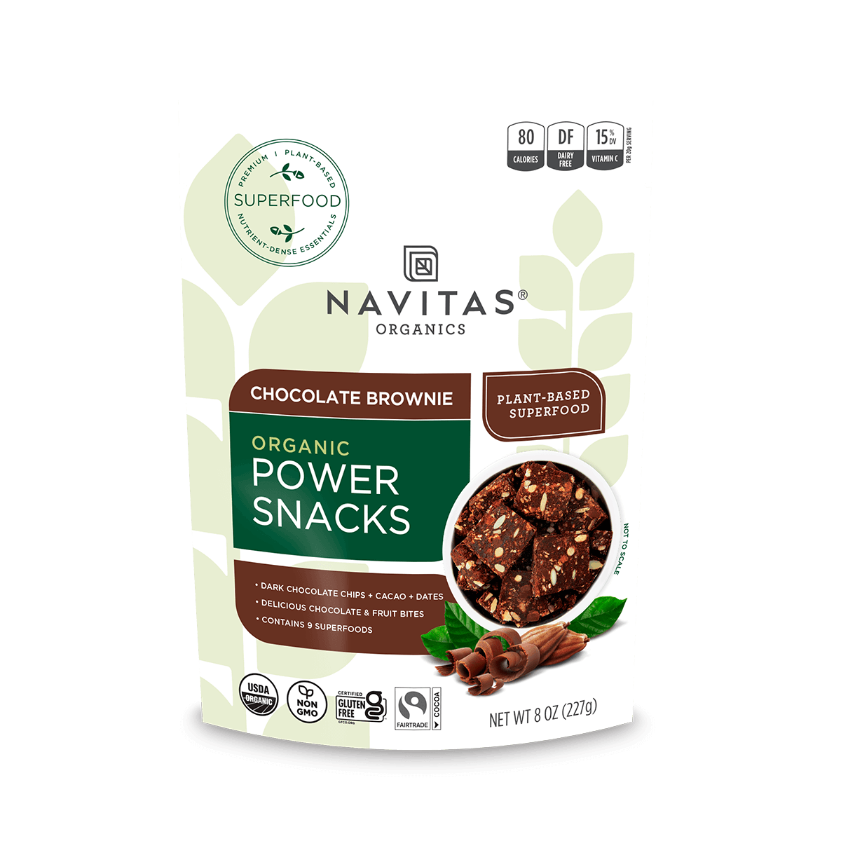 Navitas Organics 8 oz Chocolate Brownie Power Snacks front of bag.