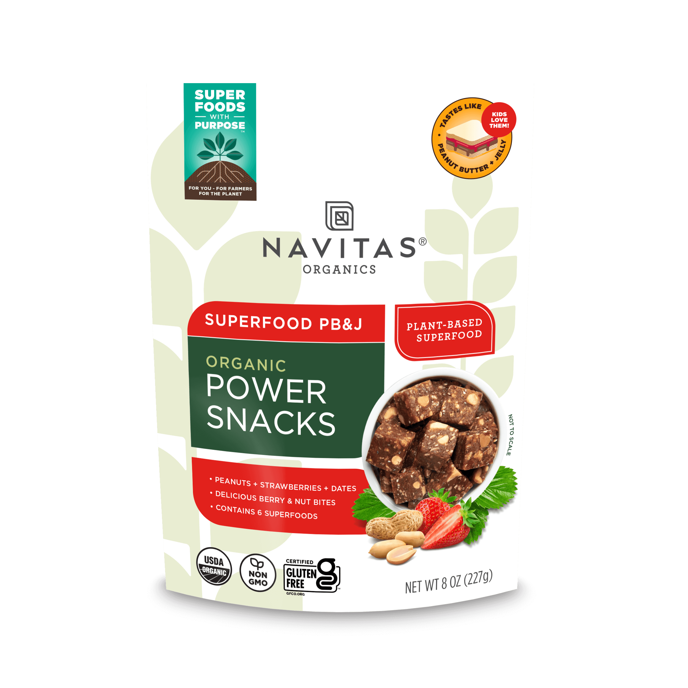 Navitas Organics 8oz Superfood PB&J Power Snacks front of bag.