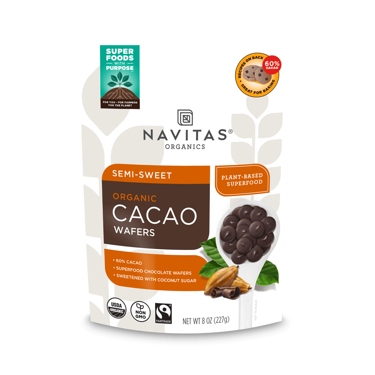 Navitas Organics Semi-sweet Cacao Wafers 60% Cacao 8oz. front of bag.