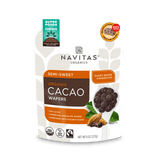 Navitas Organics Semi-sweet Cacao Wafers 60% Cacao 8oz. front of bag.