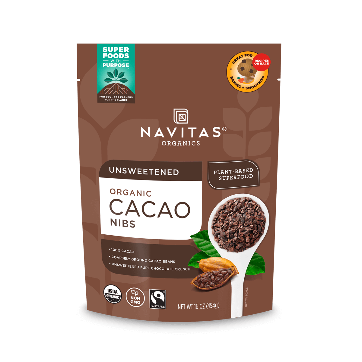 Navitas Organics 16oz Cacao Nibs front of bag.