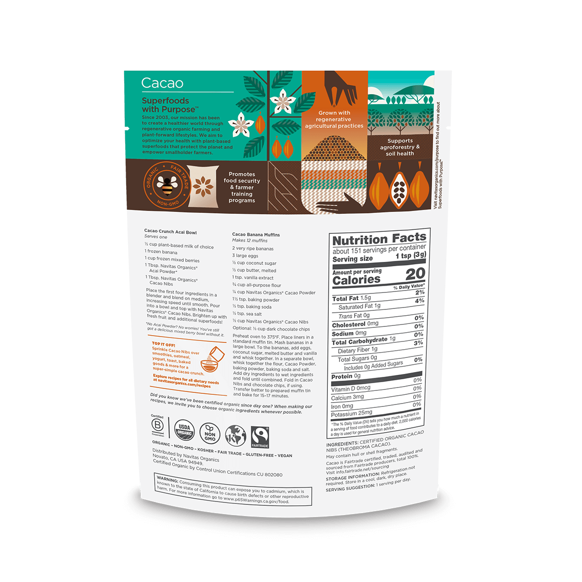 Navitas Organics 16oz Cacao Nibs back of bag.