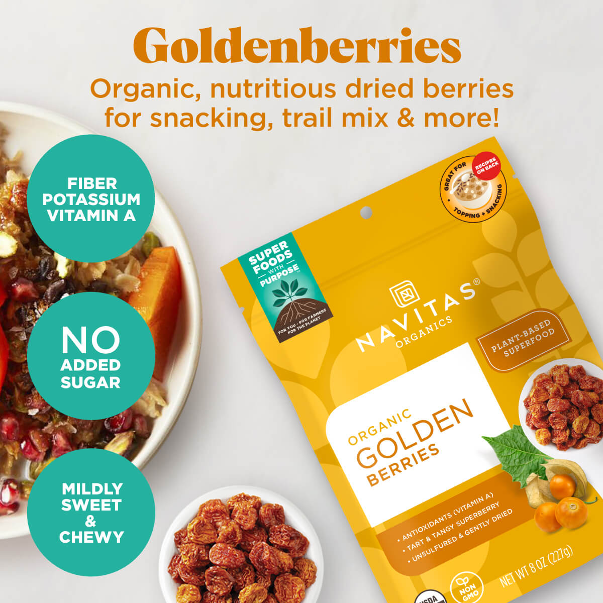 Navitas Organics Goldenberries are organic, nutritious dried berries for snacking, trail mix & more! Containing fiber, potassium, vitamin A and no added sugar, they are mildly sweet and chewy.