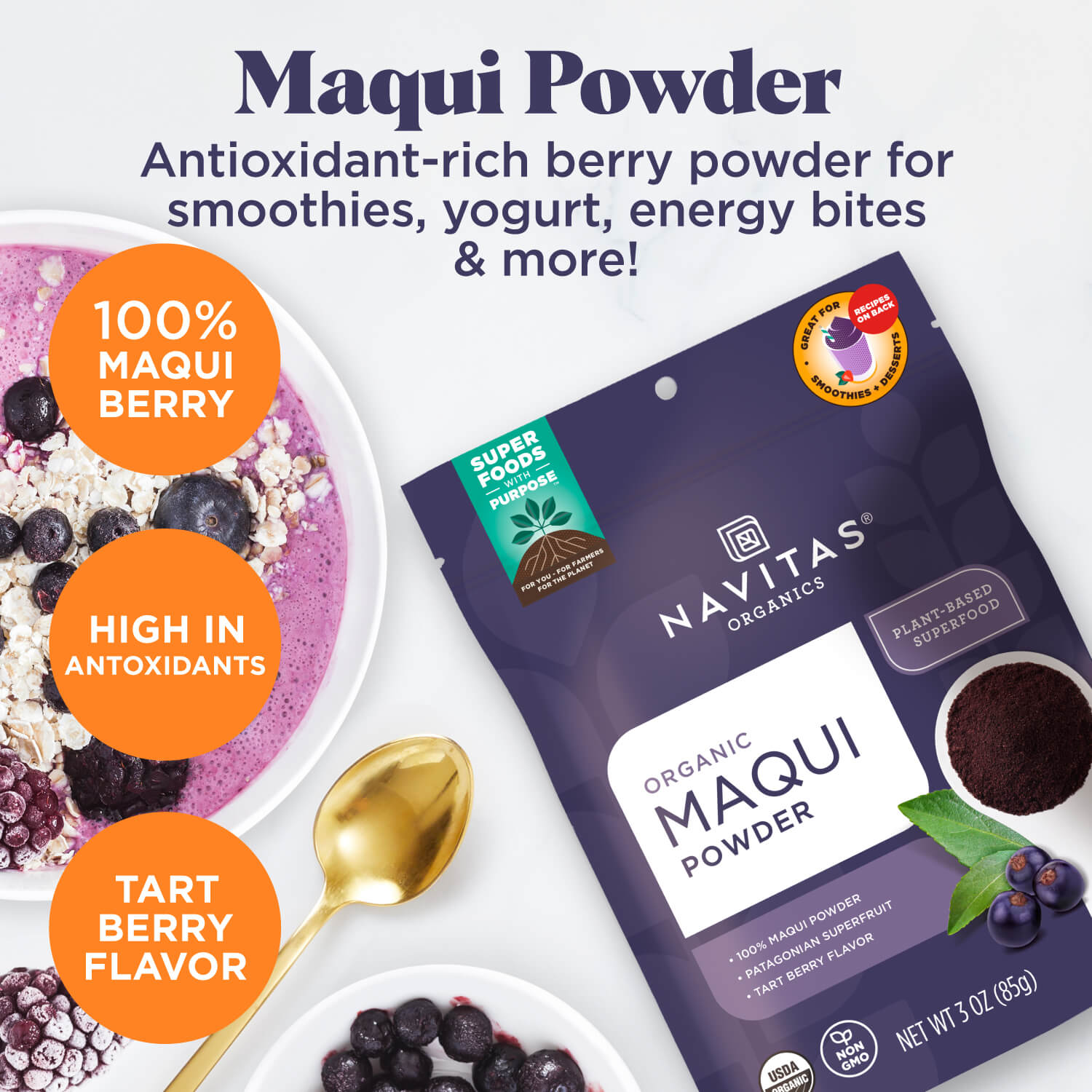 Navitas Organics Maqui Powder is an antioxidant-rich berry powder that's great for smoothies, yogurt, energy bites, and more!
