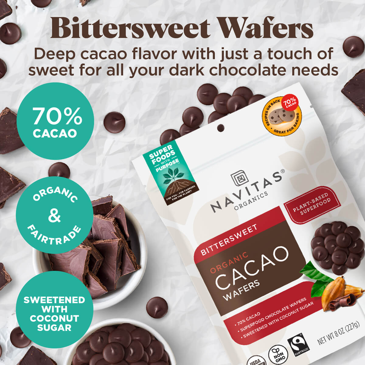 Bittersweet Wafers have a deep cacao flavor with just a touch of sweet for all your dark chocolate needs. 70% cacao, organic & Fairtrade, sweetened with coconut sugar.