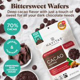 Bittersweet Wafers have a deep cacao flavor with just a touch of sweet for all your dark chocolate needs. 70% cacao, organic & Fairtrade, sweetened with coconut sugar.