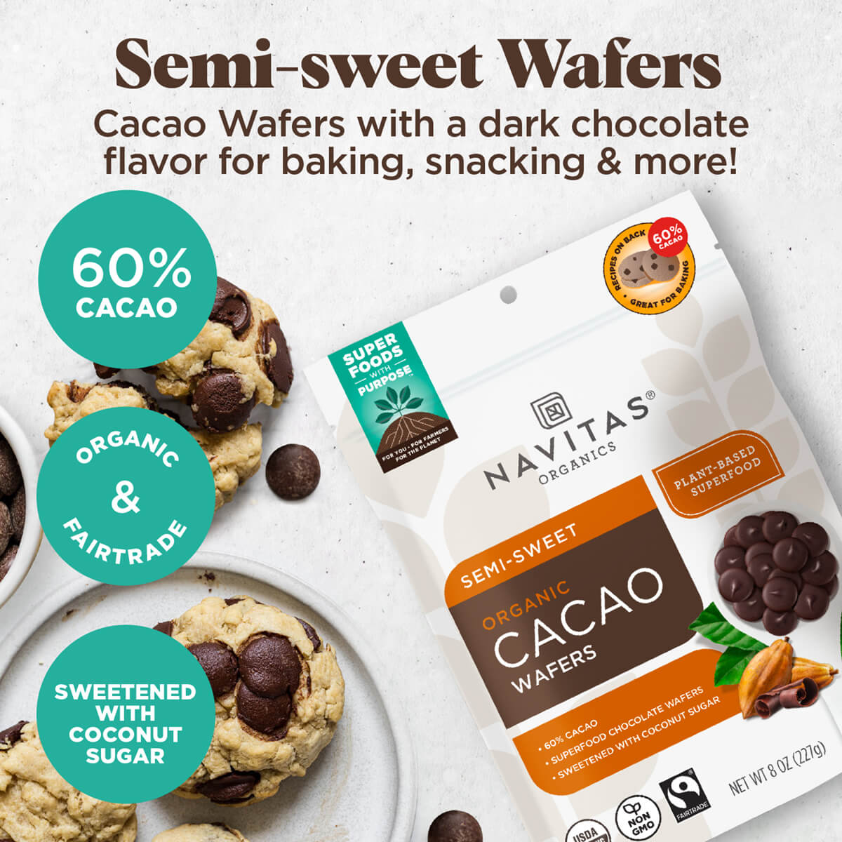 Semi-sweet wafers are Cacao Wafers with a dark chocolate flavor for baking, snacking & more! 60% cacao, organic & Fairtrade, sweetened with coconut sugar.