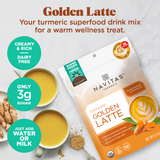 Navitas Organics Golden Latte is your turmeric superfood drink mix for a warm wellness treat. Creamy & rich, dairy-free and only 3g sugar. Just add water or milk.