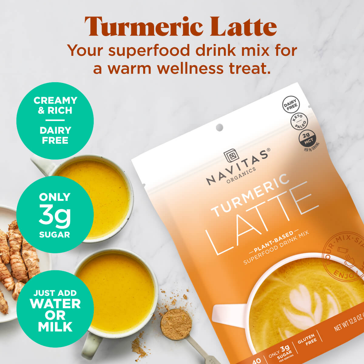 Navitas Organics Turmeric Latte is your superfood drink mix for a warm wellness treat. Creamy & rich, it's dairy-free and has only 3g sugar. Just add water or milk and enjoy!