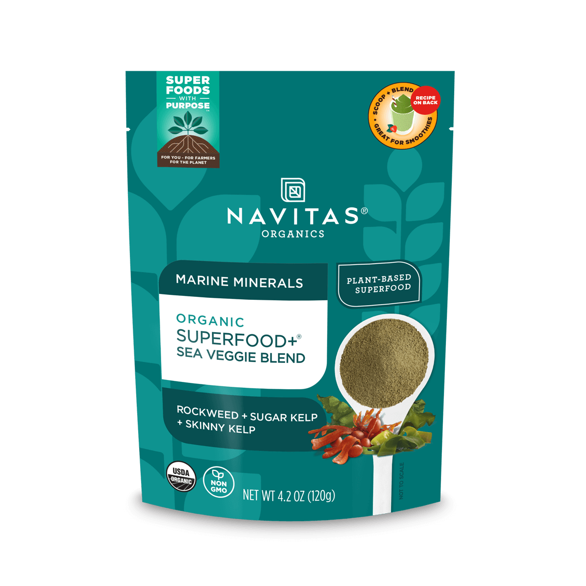Navitas Organics Superfood+ Sea Veggie Kelp Powder Blend 4.2oz front of bag.