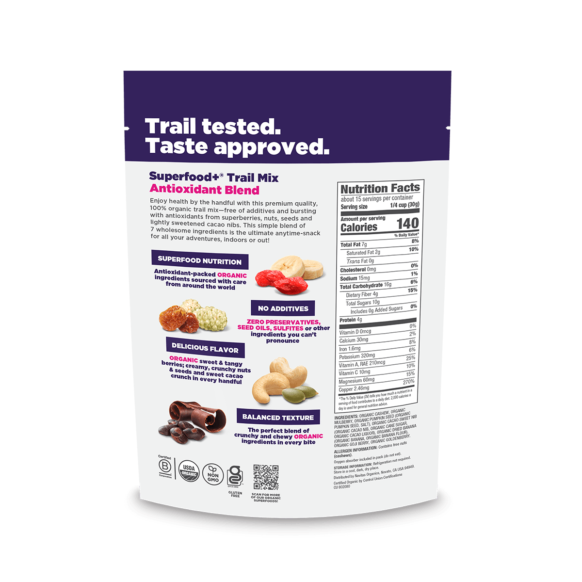 Navitas Organics Superfood+ Trail Mix Antioxidant Blend packaging with nutritional information on a blank background