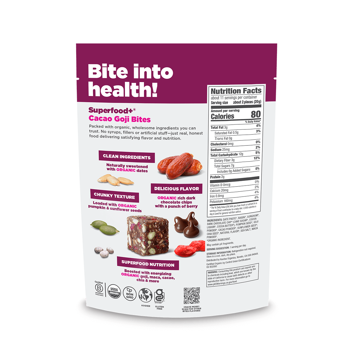 Navitas Organics Superfood+ Cacao Goji BITES packaging with nutritional information on a black background
