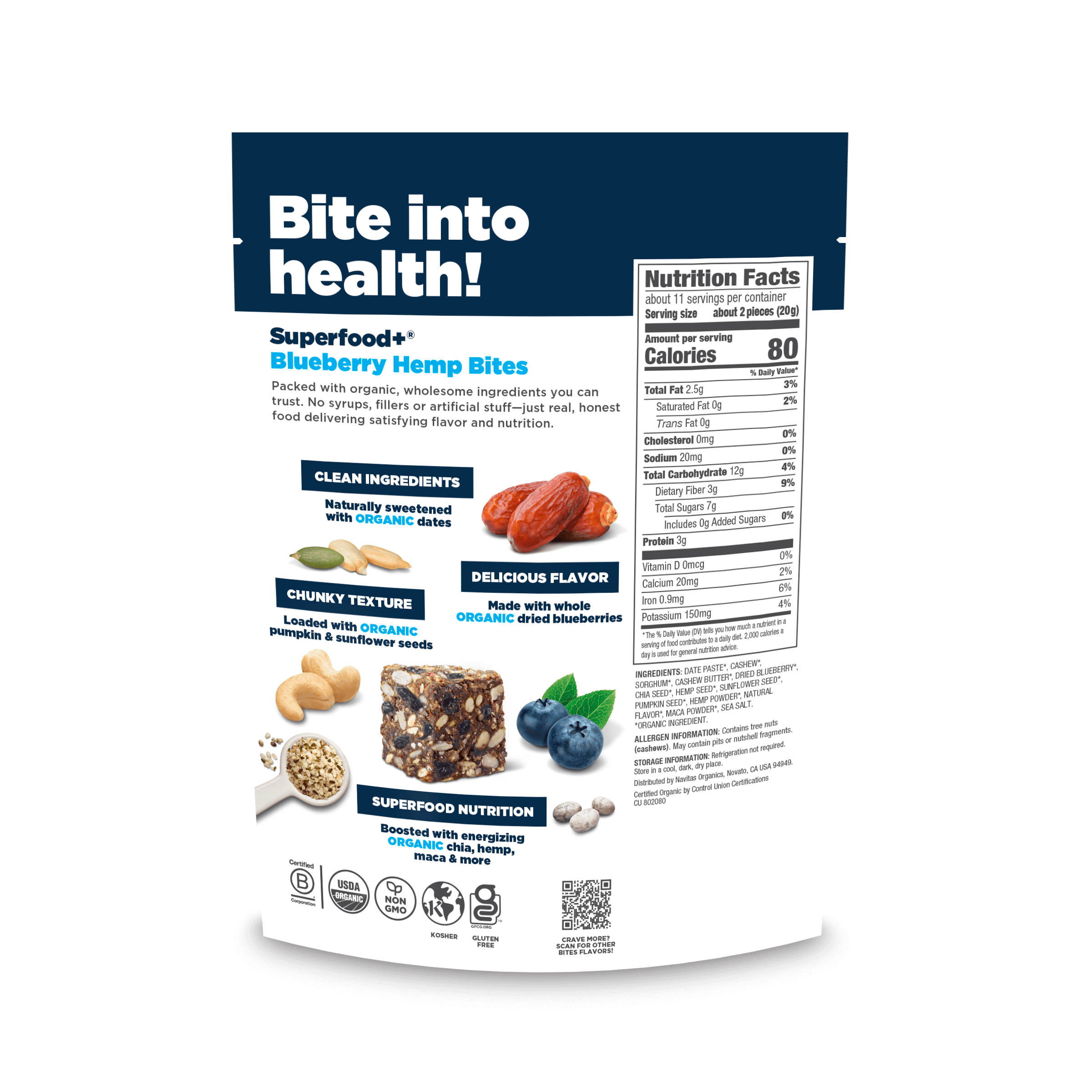Package of Navitas Organics Superfood+ Blueberry Hemp BITES with nutritional information on a black background