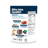 Package of Navitas Organics Superfood+ Blueberry Hemp BITES with nutritional information on a black background