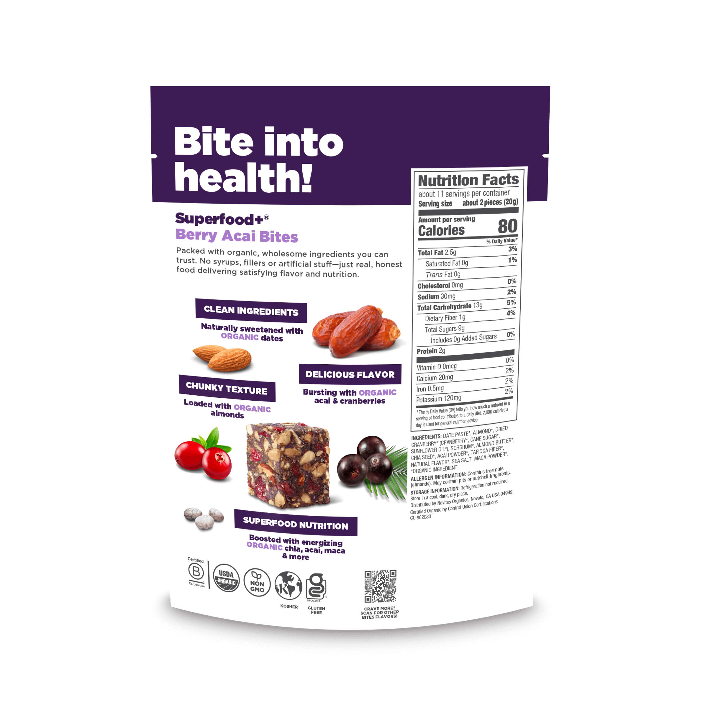 Navitas Organics Berry Acai Superfood+ Bites packaging with purple and white design on a light  background