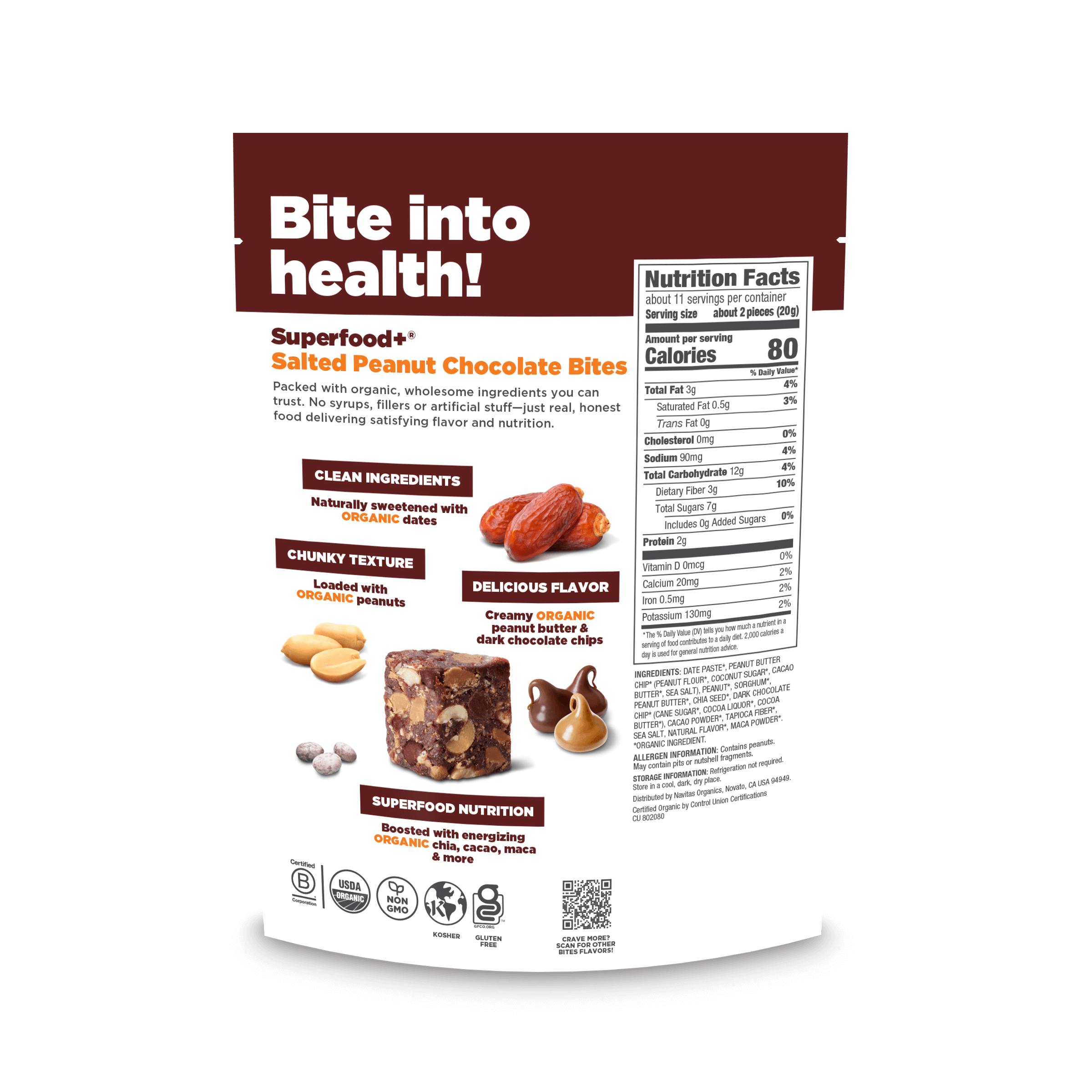 Packaging of Navitas Organics Salted Peanut Chocolate Superfood+ Bites with nutritional information on a light background