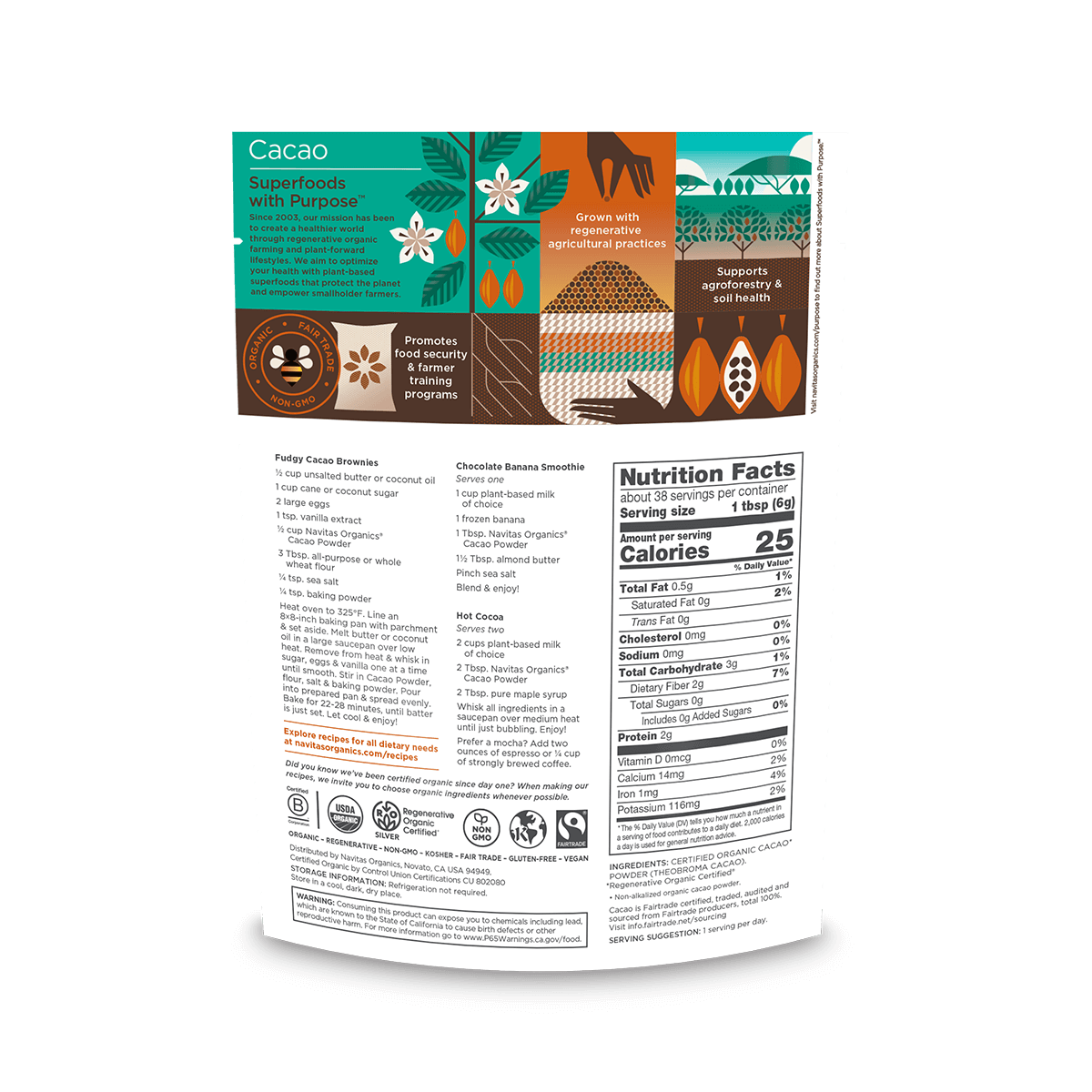 Navitas Organics 8oz Regenerative Organics Certified Cacao Powder back of bag