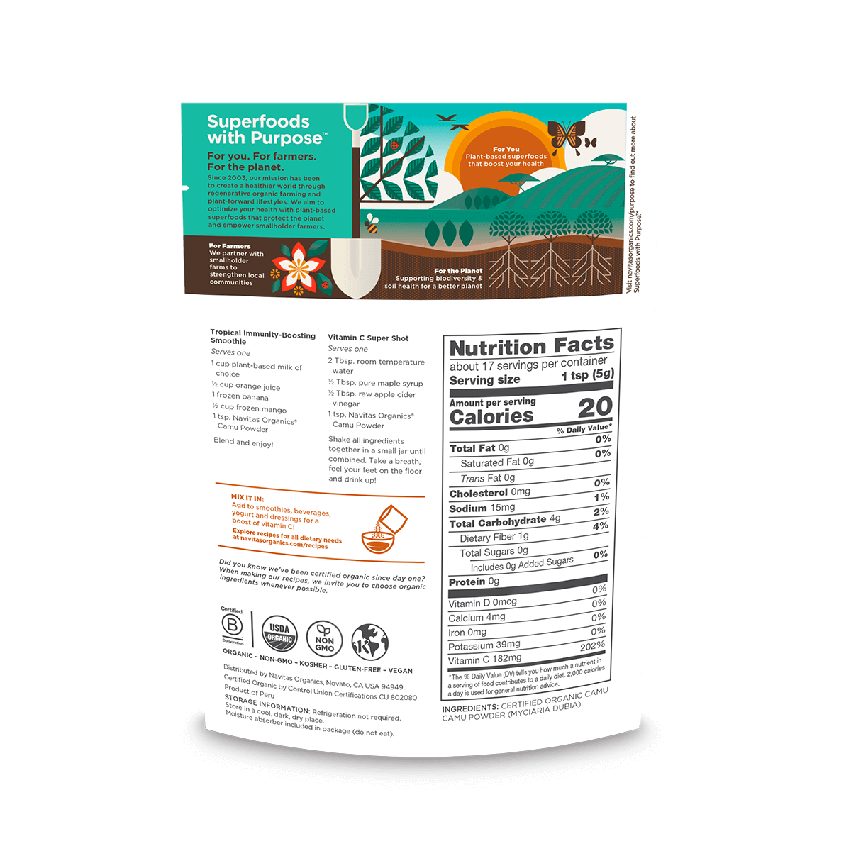 Navitas Organics Camu Power 3 ounce back of bag.
