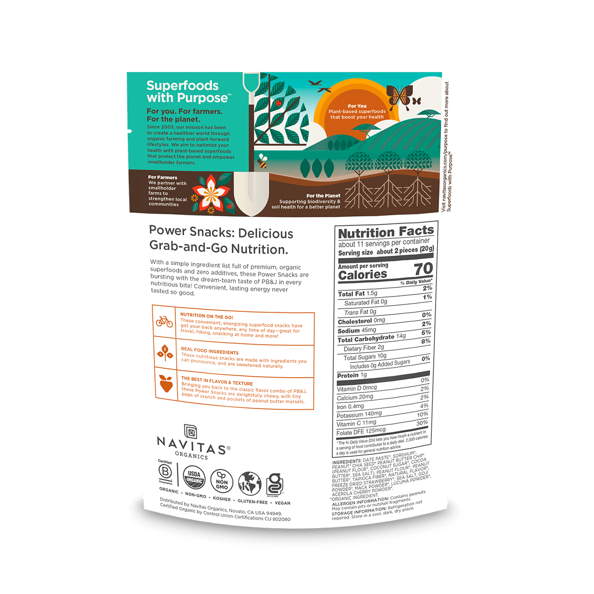 Back of a Navitas Organics PB&J package with nutritional information and branding on a black background