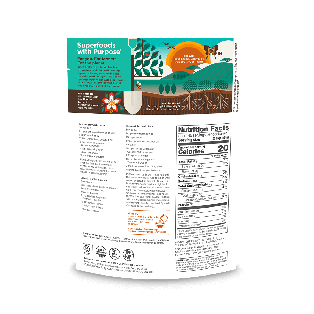 The back of an 8oz. bag of Navitas Organics Turmeric Powder, featuring nutrition facts, sustainable practices, and health benefits of natural products. The design includes vivid illustrations of plants and eco-friendly symbols.
