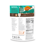 The back of an 8oz. bag of Navitas Organics Turmeric Powder, featuring nutrition facts, sustainable practices, and health benefits of natural products. The design includes vivid illustrations of plants and eco-friendly symbols.
