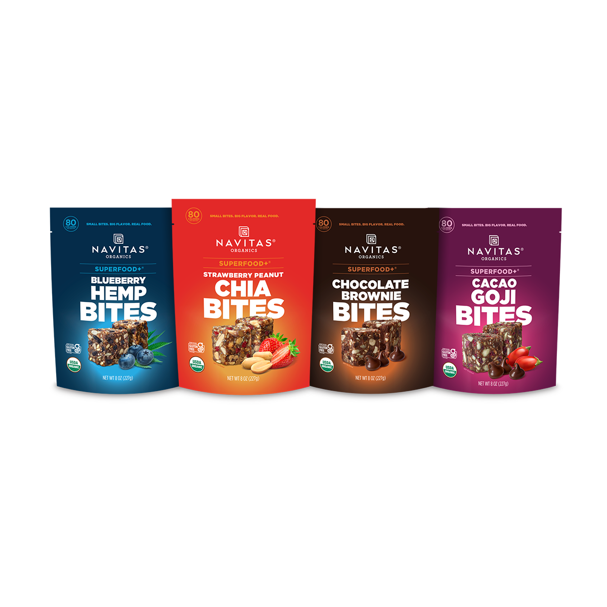 Four Navitas Organics Superfood+ BITES packages on a white background