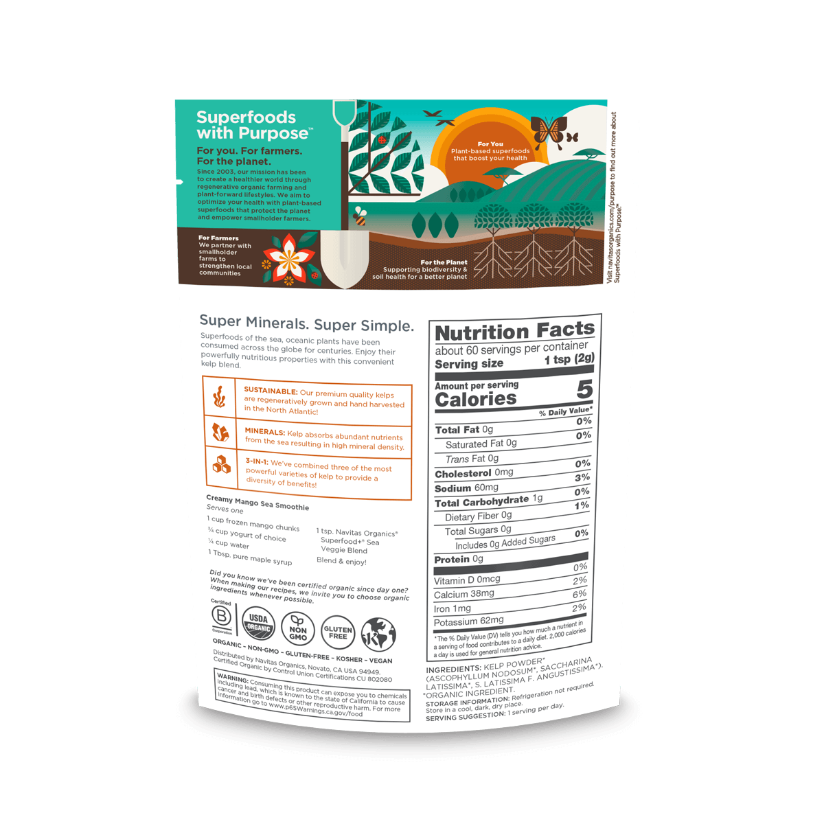 Navitas Organics Superfood+ Sea Veggie Kelp Powder Blend 4.2oz back of bag.
