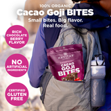 Person with a Navitas Organics Superfood+ Cacao Goji BITES package in a backpack with product detail callouts in circles in the background.