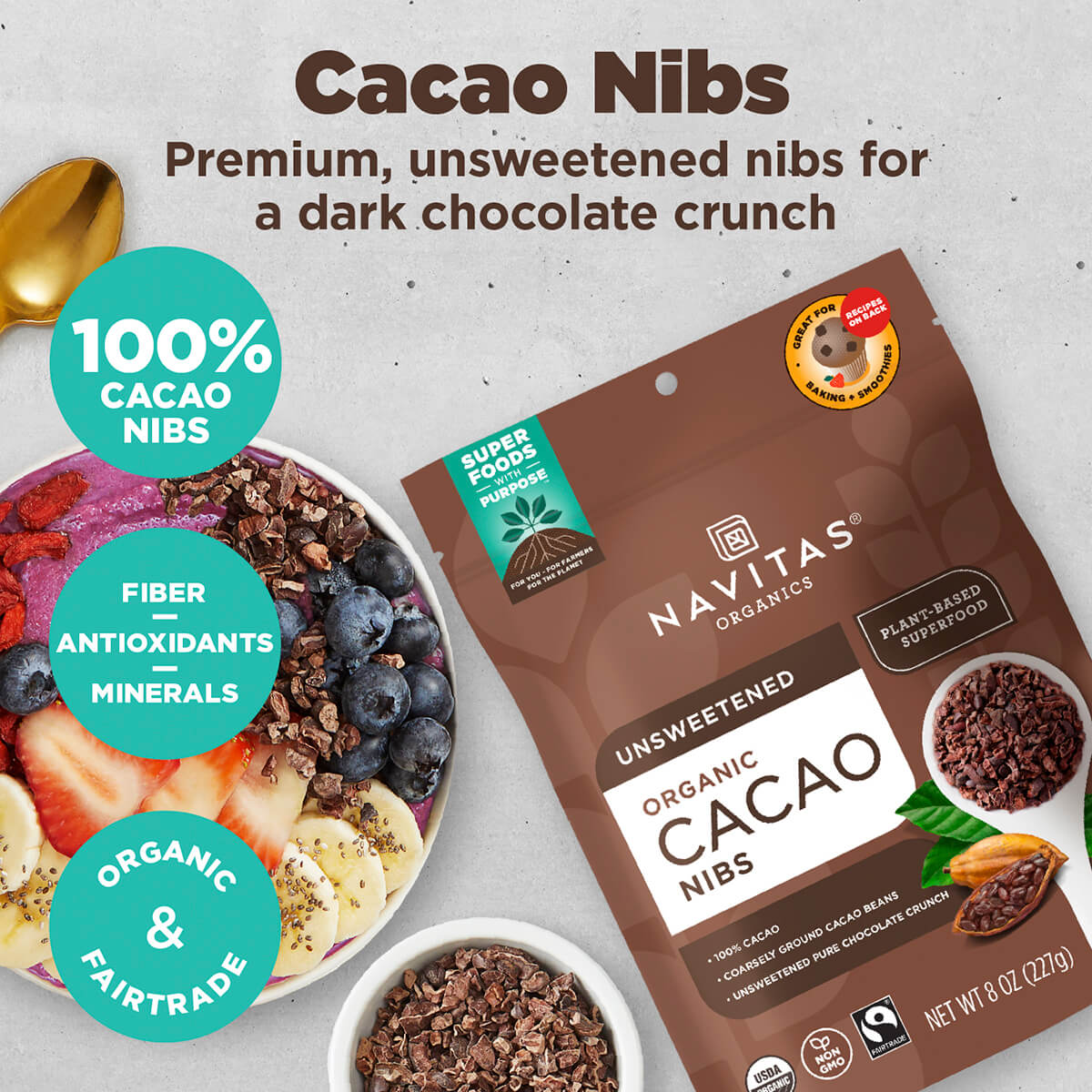 Navitas Organics Cacao Nibs are premium, unsweetened nibs for a dark chocolate crunch. 100% cacao nibs, packed with fiber, antioxidants and minerals, they're organic & fairtrade