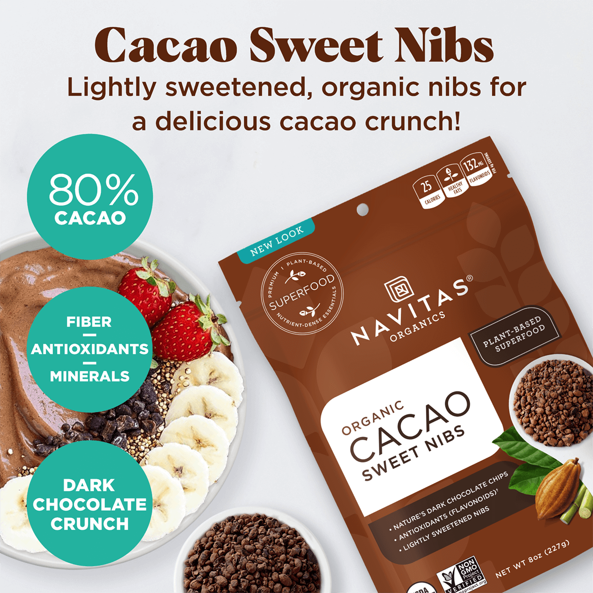 Navitas Organics Cacao Sweet Nibs are lightly sweetened, organic nibs for a delicious cacao crunch! 80% cacao, packed with fiber, antioxidants and minerals, they have a dark chocolate crunch.