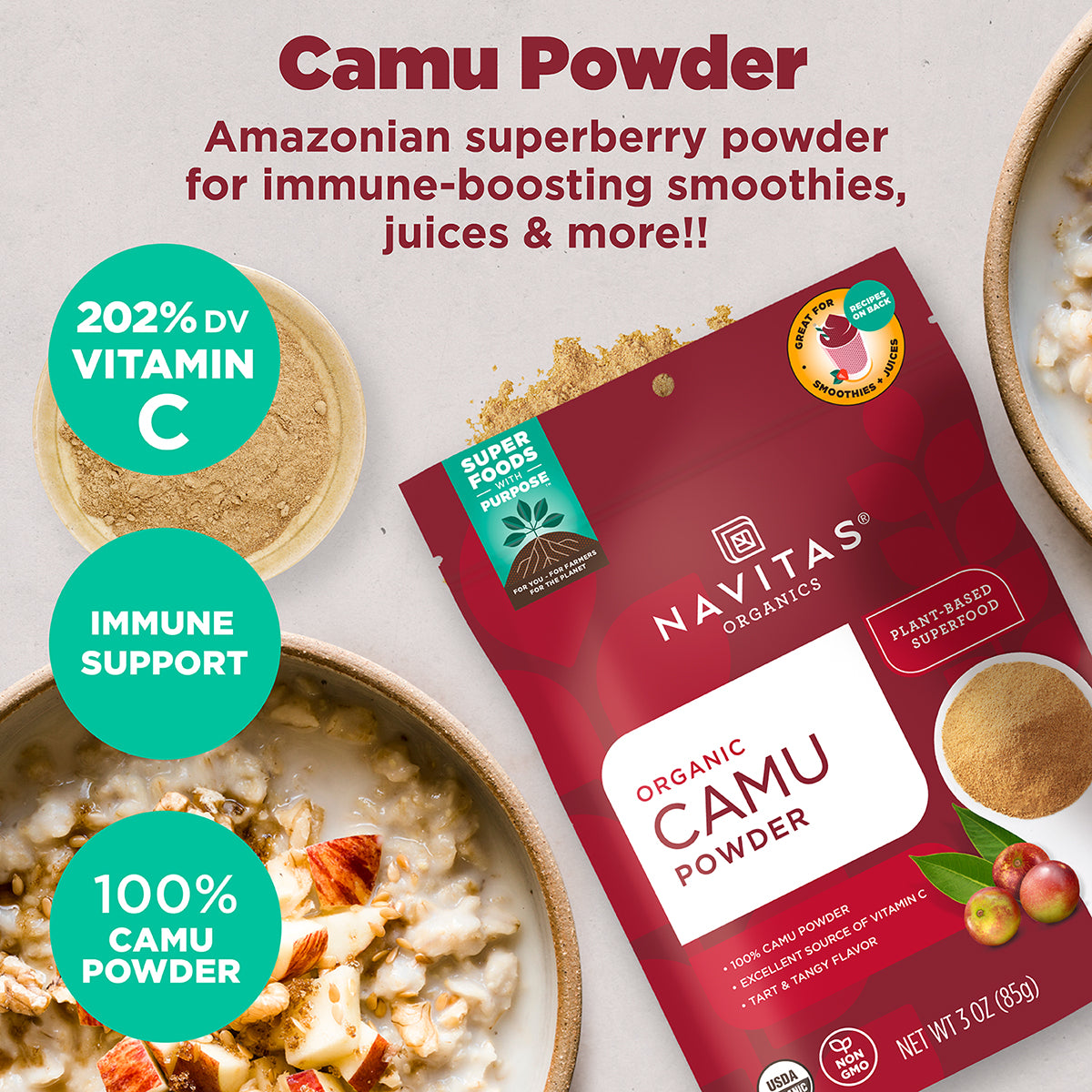 Promotional image showing Navitas Organics Camu Powder bag with powder spilling out, a small dish with camu powder and bowls of oatmeal. Text over image reads: Camu Powder - Amazonian superberry powder for immune-boosting smoothies, juices & more!! Additional teal circles along the side are filled with copy reading: 202% DV Vitamin C, Immune Support and 100% Camu Powder.