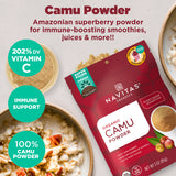 Promotional image showing Navitas Organics Camu Powder bag with powder spilling out, a small dish with camu powder and bowls of oatmeal. Text over image reads: Camu Powder - Amazonian superberry powder for immune-boosting smoothies, juices & more!! Additional teal circles along the side are filled with copy reading: 202% DV Vitamin C, Immune Support and 100% Camu Powder.