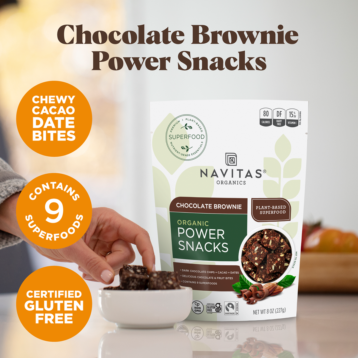 Chocolate Brownie Power Snacks are chewy cacao date bites with 9 superfoods and are certified gluten-free.