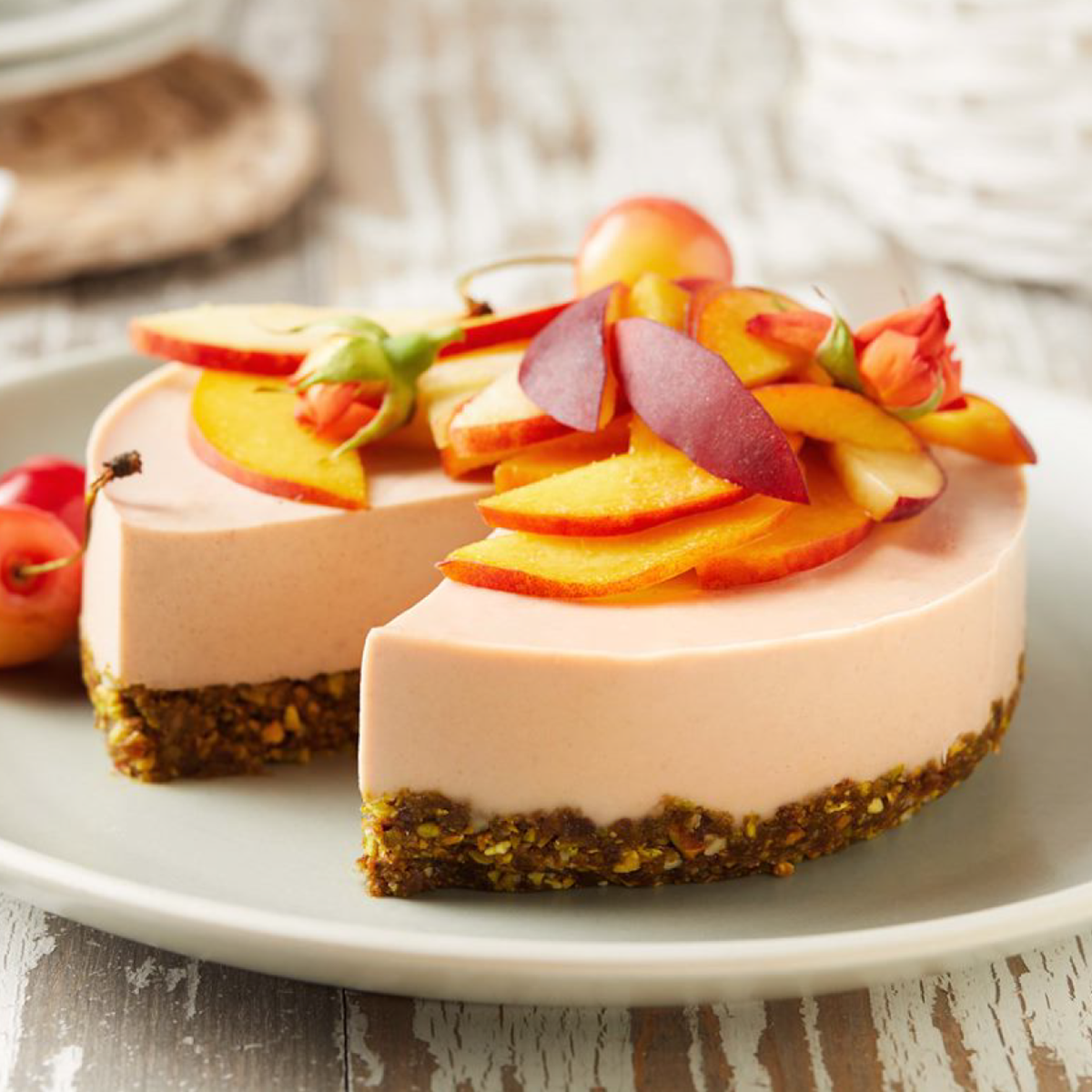 A cheesecake made with Navitas Organics Goji Berry Powder