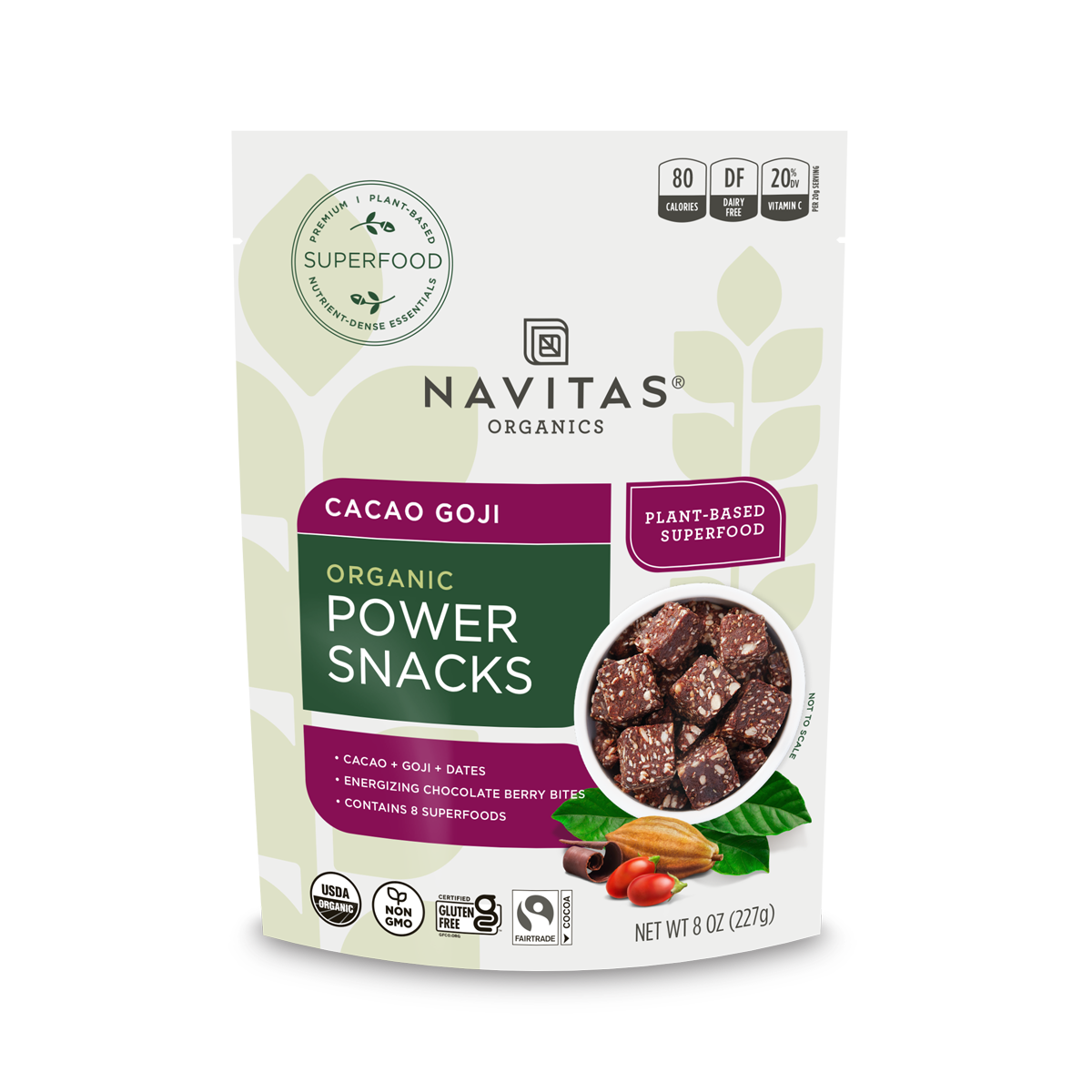 Navitas Organics Cacao Goji Power Snacks packaging on a white background