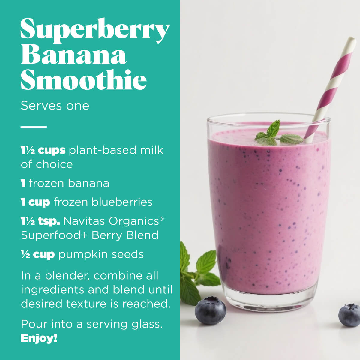 Superberry Banana Smoothie Recipe made with Navitas Organics Superfood+ Berry Blend
