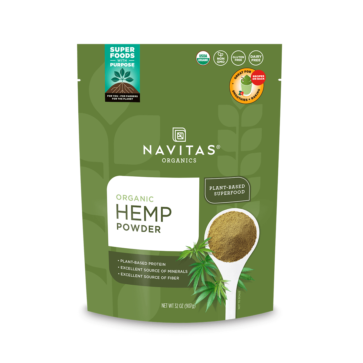 Navitas Organics 32 oz Hemp Powder front of bag.