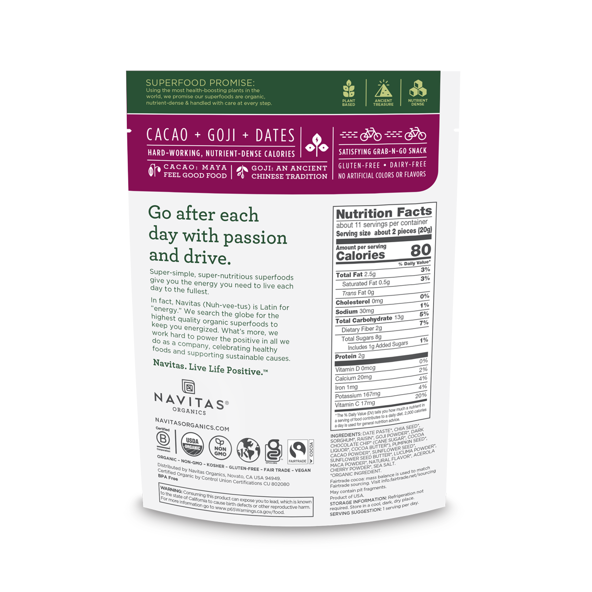 Navitas Organics Power Snacks package with text and nutrition label on a white background