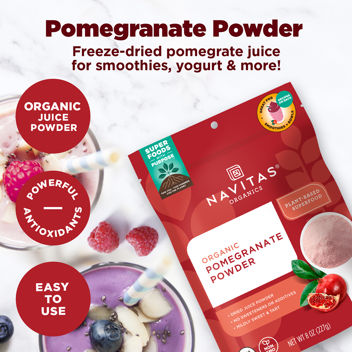 Promotional image for Navitas Organics Pomegranate Powder, featuring the product packet alongside glasses of smoothie and scattered pomegranate seeds and blueberries. Bullet points highlight the product as organic, rich in antioxidants, and easy to use.