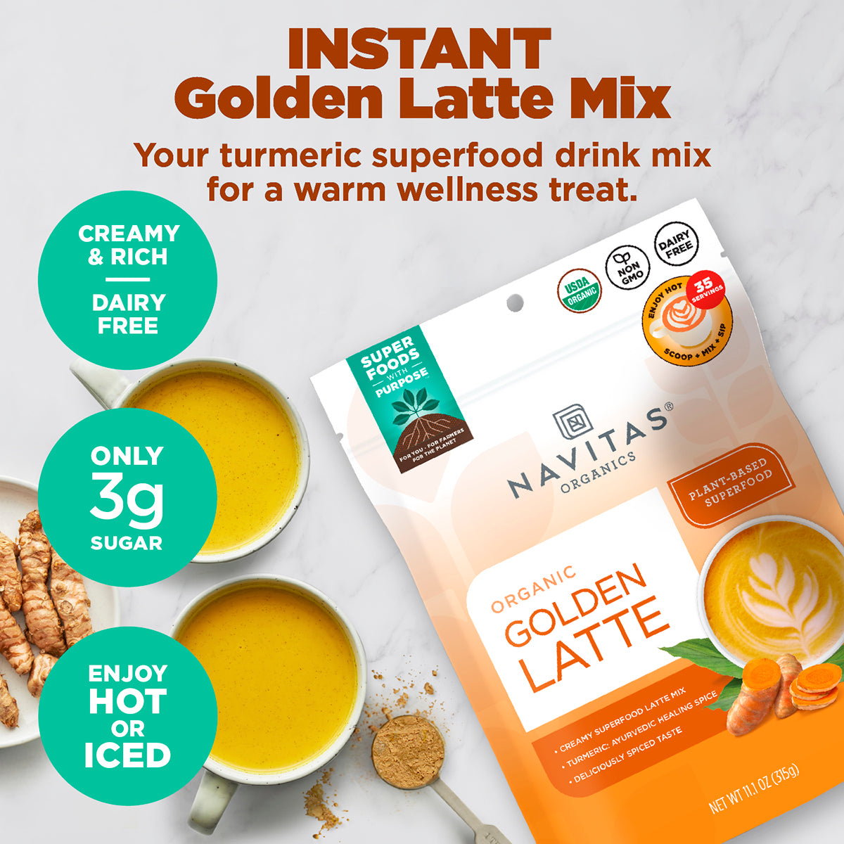 Navitas Organics instant golden latte mix is your turmeric superfood drink mix for a warm wellness treat. Creamy, rich and dairy free, it has only 3g sugar. Enjoy hot or iced!