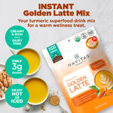 Navitas Organics instant golden latte mix is your turmeric superfood drink mix for a warm wellness treat. Creamy, rich and dairy free, it has only 3g sugar. Enjoy hot or iced!