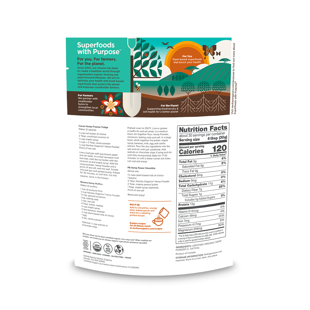 Navitas Organics 32 oz Hemp Powder back of bag.