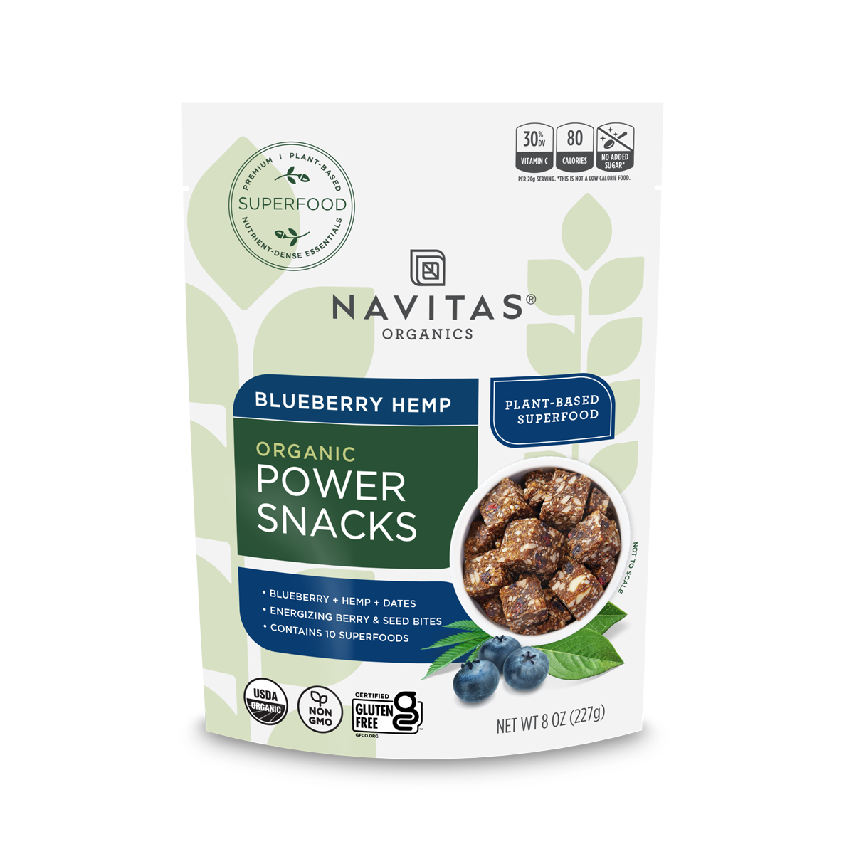 Navitas Organics Blueberry Hemp Power Snacks packaging on a white background
