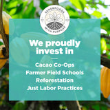 We proudly invest in Cacao Co-ops, Farmer Field Schools, Reforestation and Just Labor Practices.