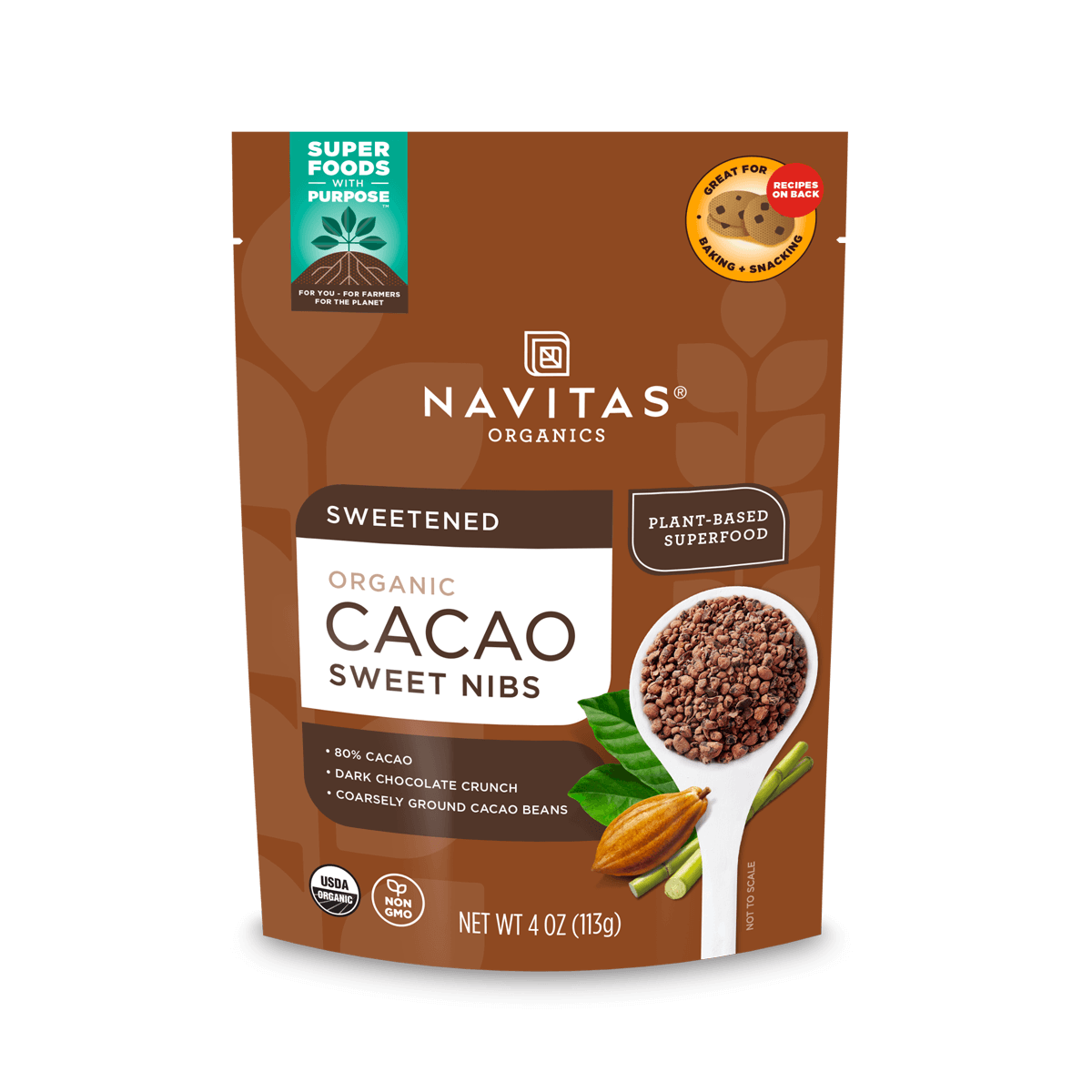 Navitas Organics 4oz Cacao Sweet Nibs front of bag